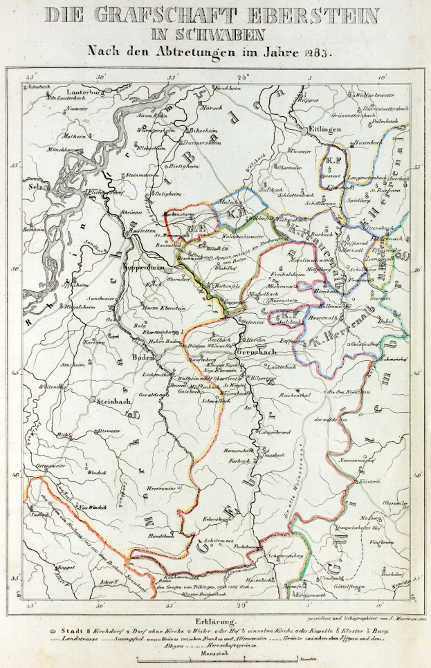 Ein detaillierter Plan von Grafische Eberstein in Schwaben, Deutschland, der geographische Merkmale wie Flüsse, Berge und Städte anzeigt, mit Text oben und unten.