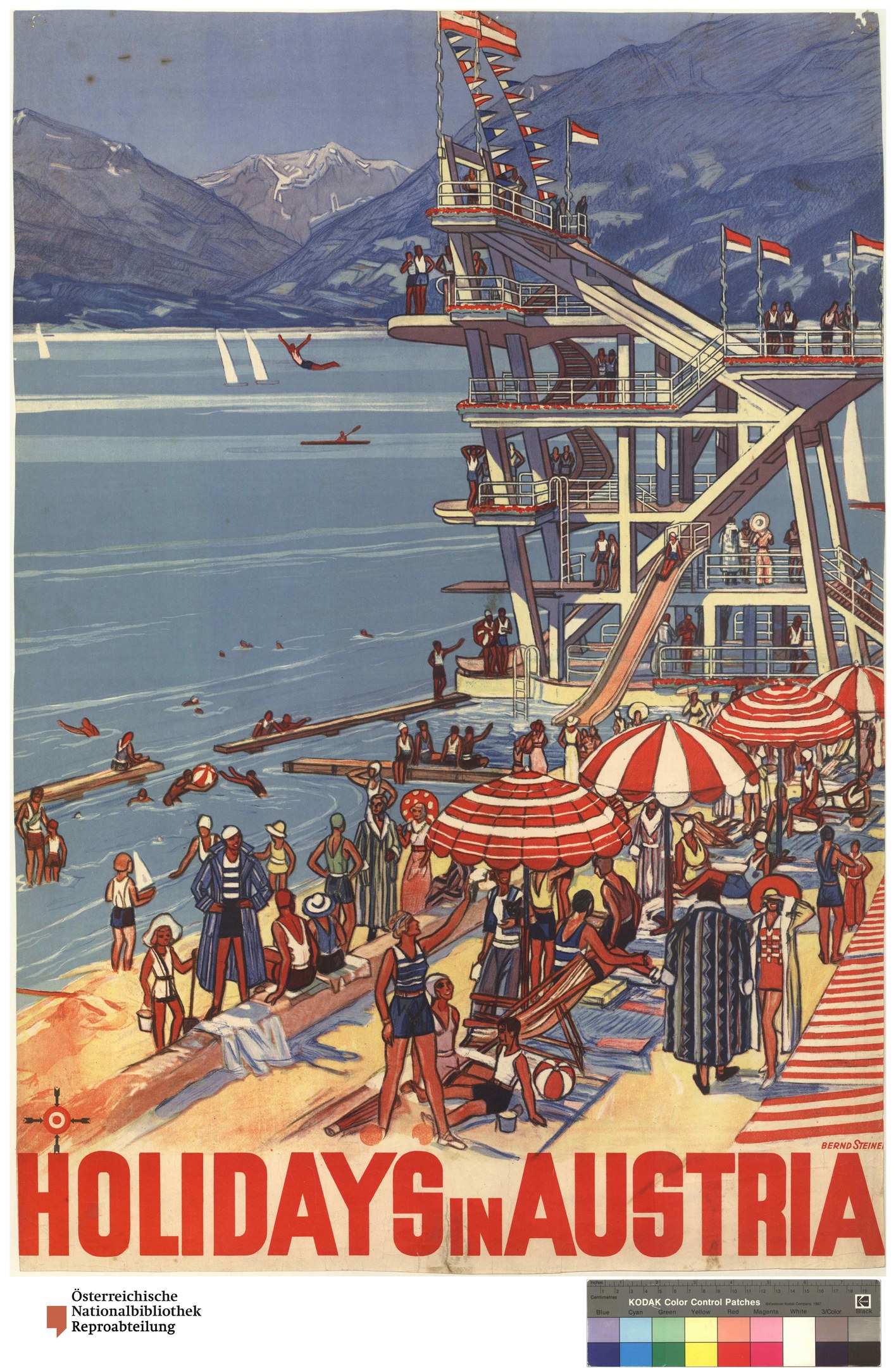 Plakat, das Urlaube in Österreich bewirbt, zeigt Menschen am Strand mit Schirmen, einem Schiff, Fahnen und Bergen im Hintergrund.