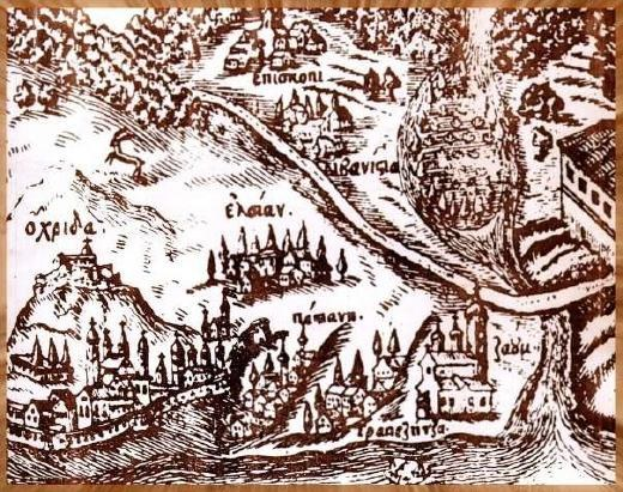 Ein hölzernes Schild mit einer detaillierten, rustikalen Stadtkarte