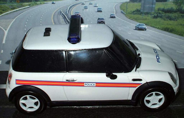 Weißer Polizeiauto vor einer belebten Straße mit mehreren Fahrzeugen, Gras und Bäumen auf beiden Seiten, aufgenommen außerhalb einer Stadt.
