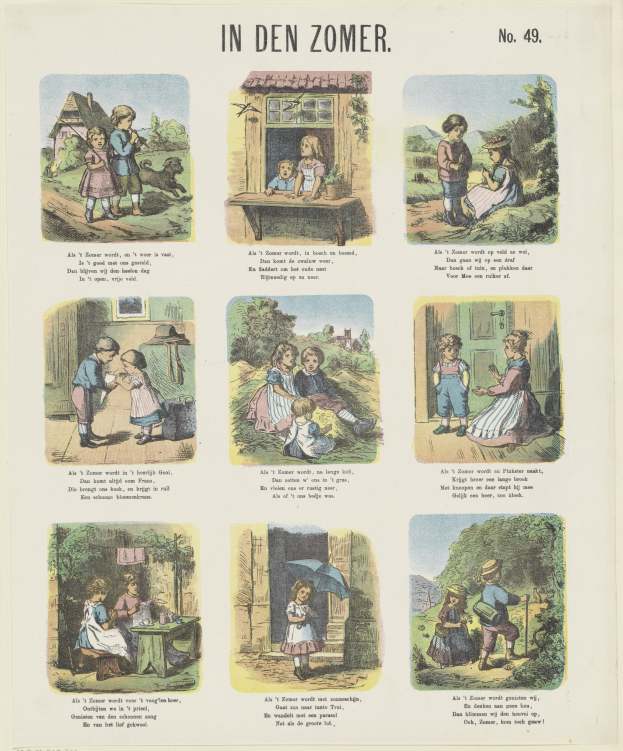 Ein Blatt mit Kindern in bunten Kleidern, die in einem üppigen Garten spielen, mit Text in einer verspielter Schrift.