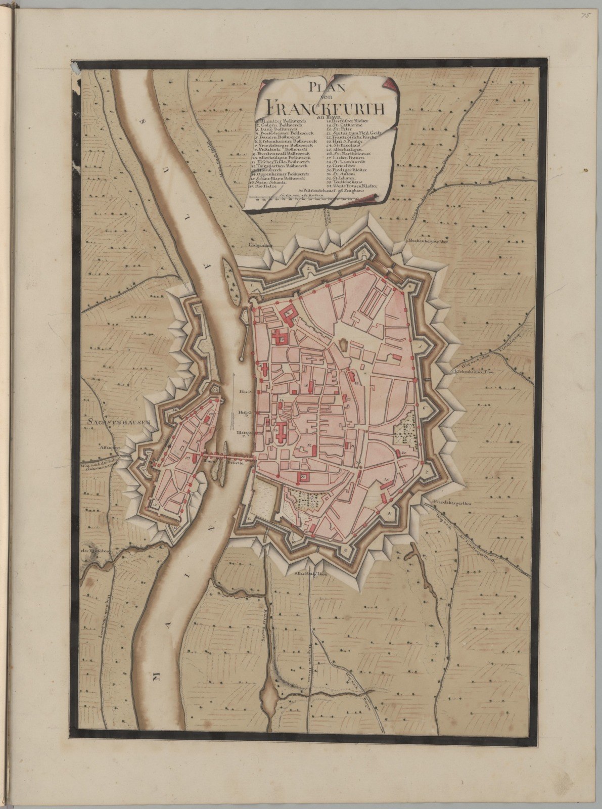 Ein altes Buch mit einer detaillierten Karte von Frankfurt, Deutschland, das sichtbare Straßen, Gebäude und Sehenswürdigkeiten zeigt, begleitet von Text, der zusätzliche Informationen bietet.