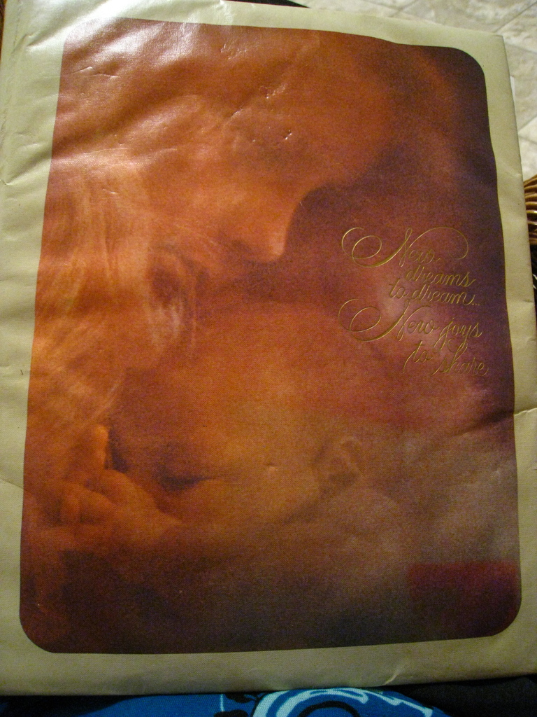 Ein Druck eines Menschen, der ein Baby hält, mit einigen Wörtern auf dem Cover.