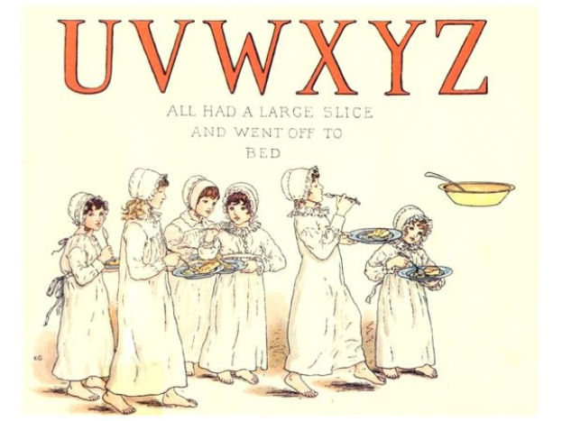 Eine Gruppe von Menschen hält Teller mit Essen, eine Schüssel und Löffel auf der rechten Seite, mit dem Text "Uwxyz - Alle hatten ein großes Stück und gingen schlafen" oben.