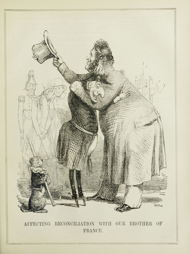 Eine Zeichnung eines Mannes und einer Frau, die sich umarmen, wobei der Mann einen Hut hält, und ein Text unten mit der Aufschrift "Beeinflussung der Versöhnung mit unserem Bruder Frankreich".