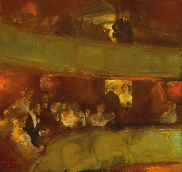 Ein Gemälde einer vielseitigen Gruppe von Menschen in einem hell erleuchteten Theater, einige stehen, einige sitzen, alle in eleganter Kleidung, schaffen eine lebendige und einladende Atmosphäre.