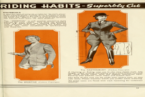 Eine Zeitung mit einem Mann in einem maßgeschneiderten Anzug und einer Frau in einem eleganten Kleid mit hohem Kragen und langen Ärmeln, mit der Überschrift "Reitkleidung - Meisterhaft geschnitten" oben drauf.