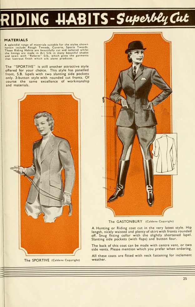 Eine Zeitung mit einem Mann in einem maßgeschneiderten Anzug und einer Frau in einem eleganten Kleid mit hohem Kragen und langen Ärmeln, mit der Überschrift "Reitkleidung - Meisterhaft geschnitten" oben drauf.