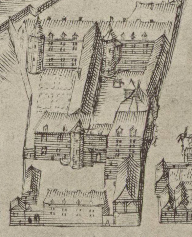 Eine Zeichnung einer Stadt mit vielen Gebäuden, darunter ein Haus in der Mitte, begleitet von handgeschriebenem Text.