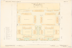 Ein alter Stadtplan von Köln, Deutschland, mit einem detaillierten Gebäudeplan und begleitendem Text.