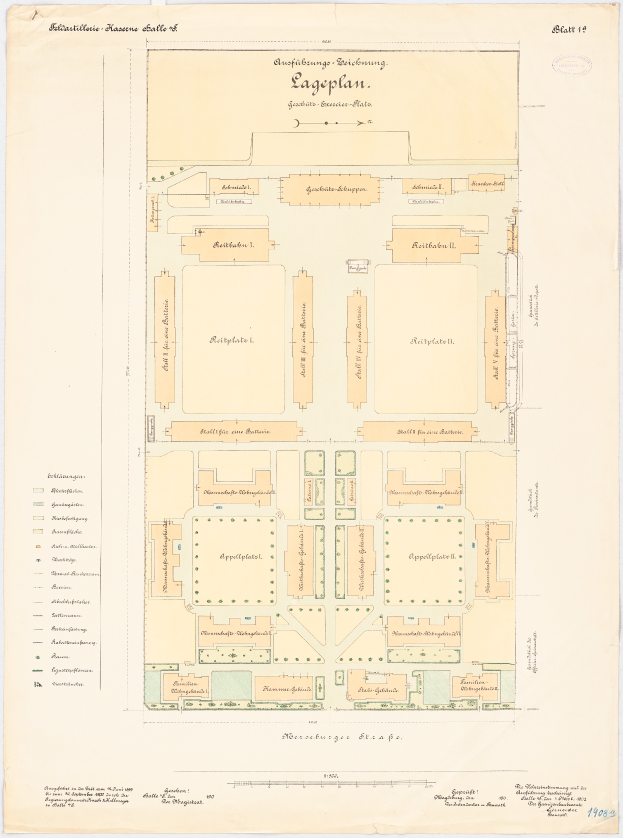 Ein alter Stadtplan von Köln, Deutschland, mit einem detaillierten Gebäudeplan und begleitendem Text.