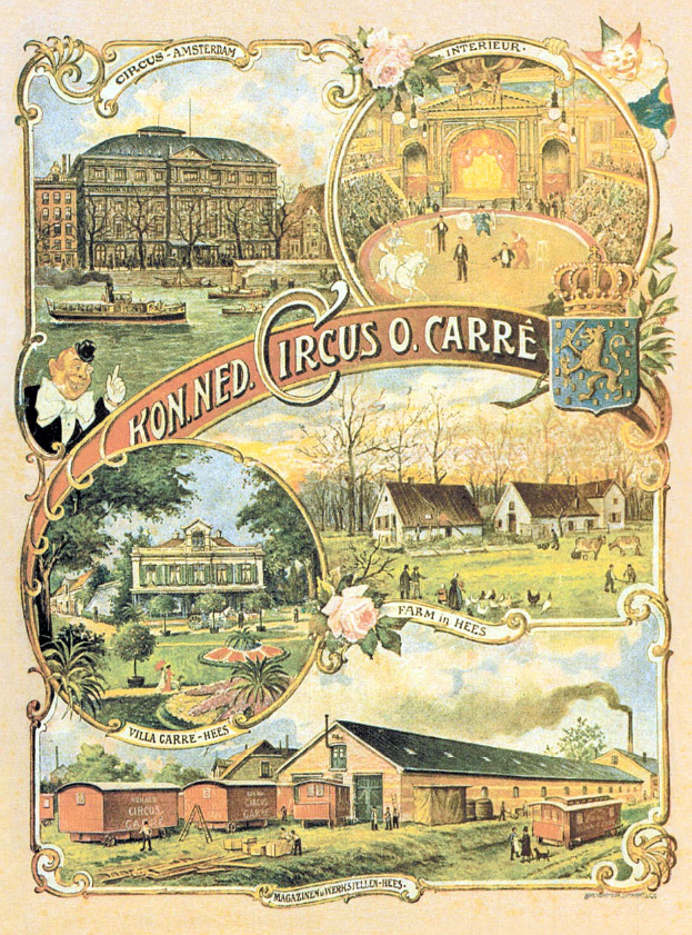 Ein farbenfrohes Zirkusposter in einer städtischen Umgebung, umgeben von Gebäuden, Bäumen, Menschen und Tieren, mit bunten und detallierten Illustrationen.