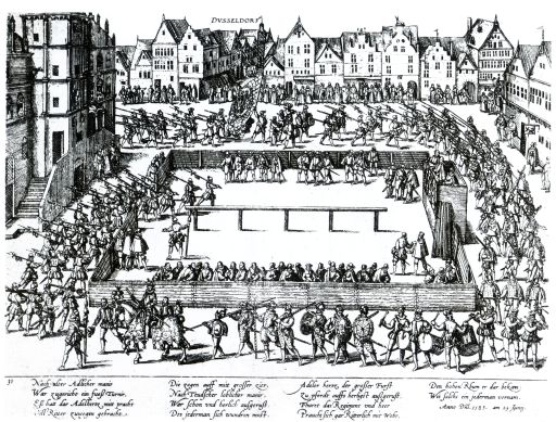 Eine Schwarz-Weiß-Zeichnung einer kämpfenden Menge in einer Stadt mit Gebäuden im Hintergrund und dem Text 'Die Schlacht von Düsseldorf' unten.