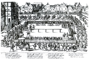 Eine Schwarz-Weiß-Zeichnung einer kämpfenden Menge in einer Stadt mit Gebäuden im Hintergrund und dem Text 'Die Schlacht von Düsseldorf' unten.