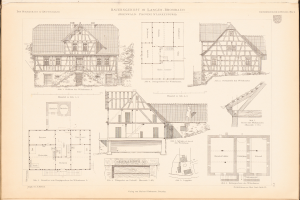 Ein altes Buch mit einer Zeichnung eines Hauses auf dem Cover, das detaillierte Pläne und Text zum Haus enthält.