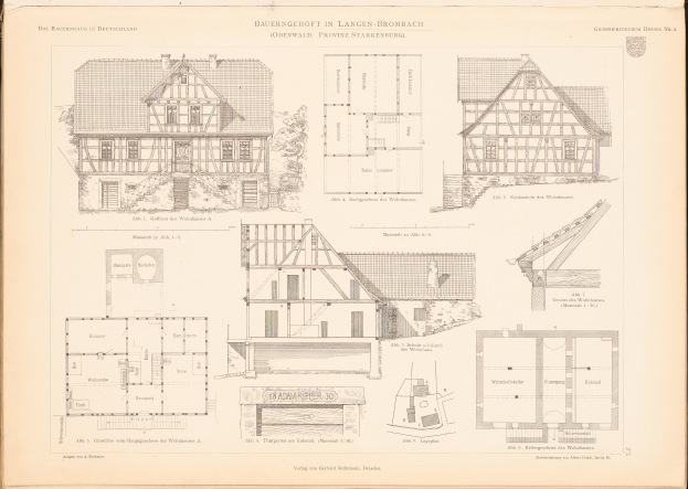Ein altes Buch mit einer Zeichnung eines Hauses auf dem Cover, das detaillierte Pläne und Text zum Haus enthält.