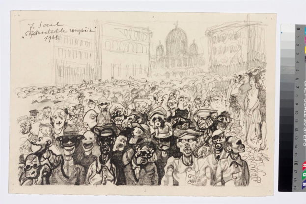 Schwarze und weiße Zeichnung einer Demonstration vor einem hohen Gebäude, mit einigen Leuten, die schreien und gestikulieren, und Farbskalen auf der rechten Seite.