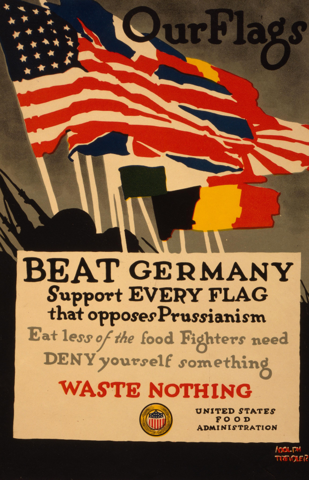 Ein Plakat mit einer rot-weiß-blauen Flagge mit einem weißen Stern, begleitet von großer schwarzer Schrift, die 'Unsere Fahnen schlagen Deutschland - Unterstützt jede Fahne, die gegen den Preußentums auftritt' lautet, vor einem weißen Rand.