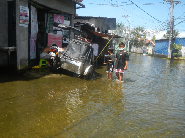 Eine Gruppe von Menschen steht in einer überfluteten Straße neben einem Gebäude, mit einem Fahrzeug, einer Person auf einem Hocker, Papieren an einer Wand, Strommasten mit Drähten, einem Zaun, Pflanzen, Baumrinde, Häusern mit Dächern, Bäumen und einem bewölkten Himmel.