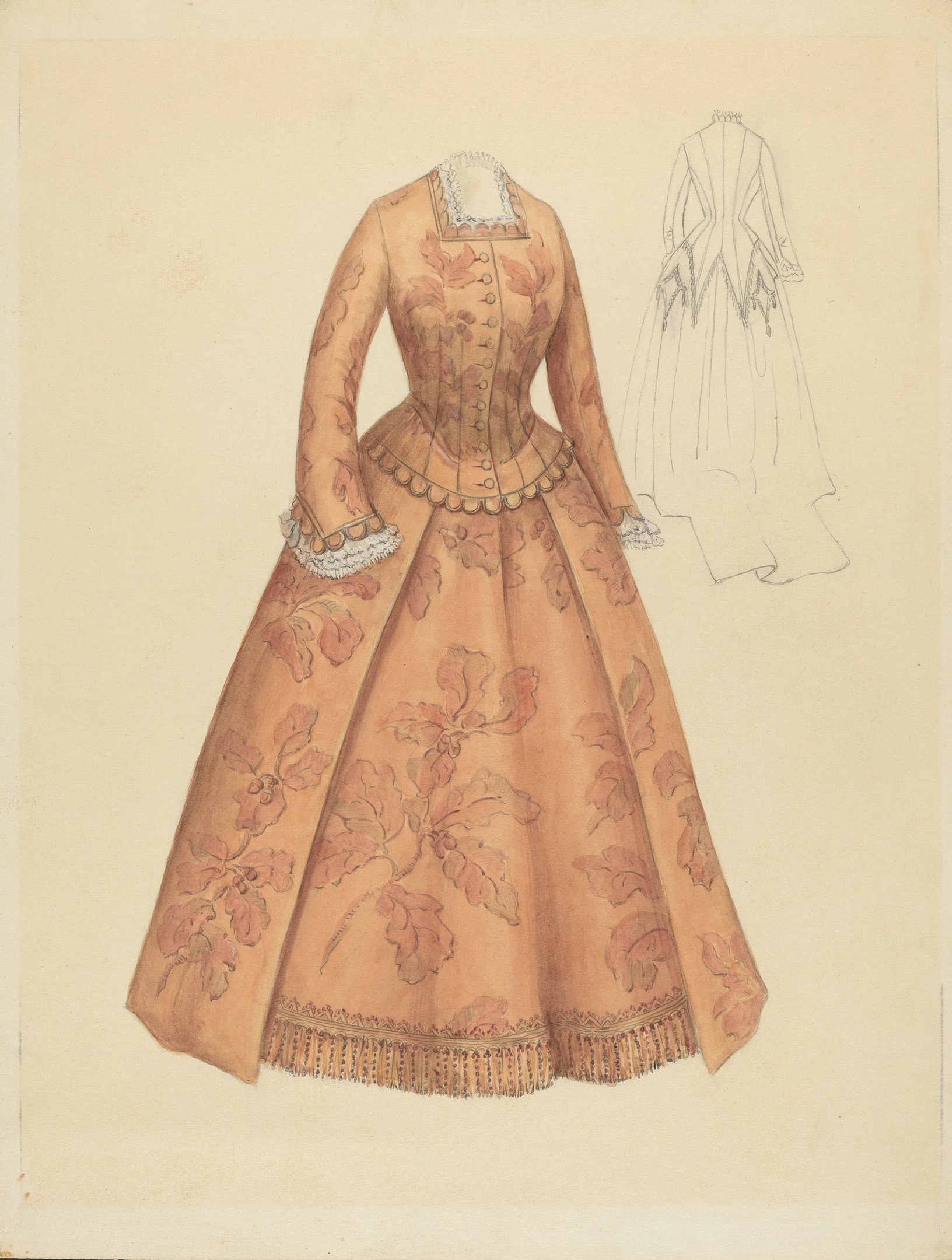 Ein detailliertes Kostümdesign aus dem 18. Jahrhundert für ein bodenlanges Kleid mit hohem Kragen, das ein floral gemustertes Mieder in Rosa, Lila und Blau sowie einen Spitzenbesatz am Rock zeigt.