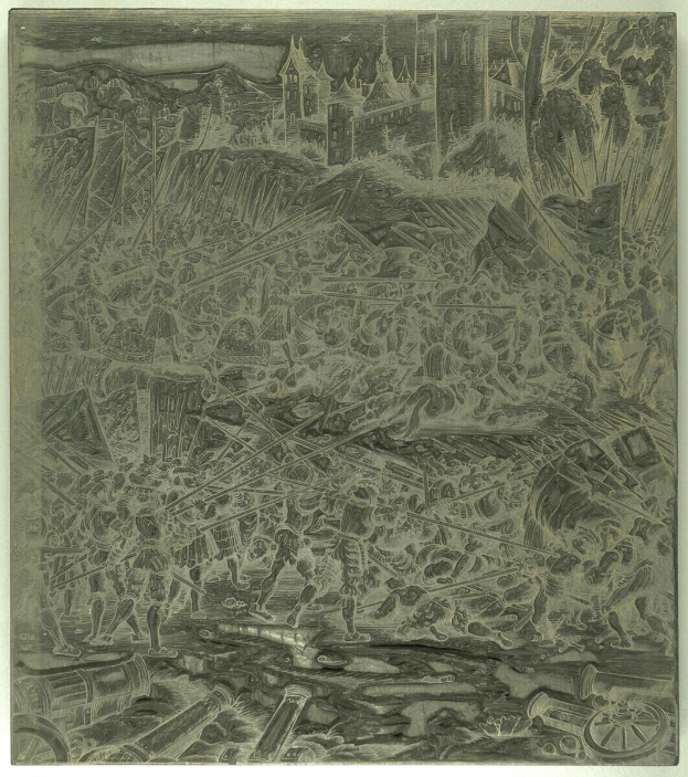 Schwarzes und weißes chaotisches Bild mit aufgeregten Menschen, hohen Gebäuden, verstreuten Gegenständen und Text am unteren Rand.