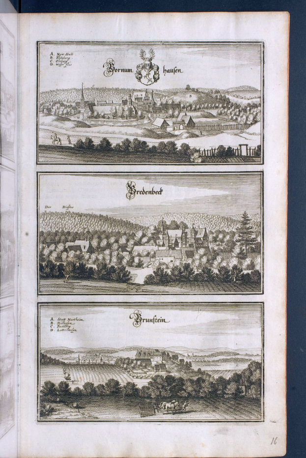 Ein aufgeschlagenes Buch mit drei Bildern einer Stadt mit grünen Bäumen, hohen Gebäuden und fettem Text.