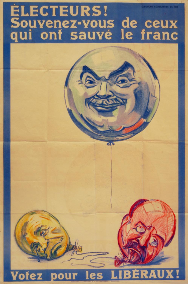Ein französischer Wahlplakat aus den 1920er Jahren mit dem Konterfei eines Mannes mit einem Ballon, umgeben von Text, der die Wähler dazu aufruft, sich an diejenigen zu erinnern, die Frankreich gerettet haben.