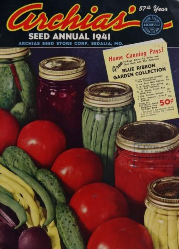 Ein Buch mit dem Titel "Archias Saatgut-Jahrbuch 1941" mit einem Cover, das Tomaten, Gurken, Paprika und bunte Gemüse in Gläsern zeigt.