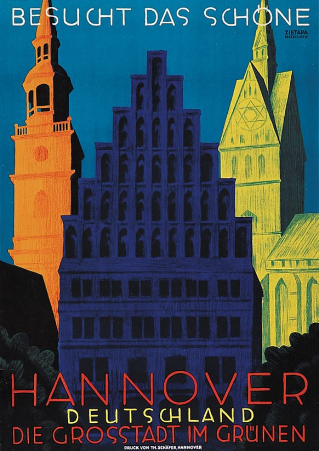 Plakat, das Hannover, Deutschland, mit einigen Gebäuden und Bäumen und Text, der Stadtinformationen bereitstellt, bewirbt.