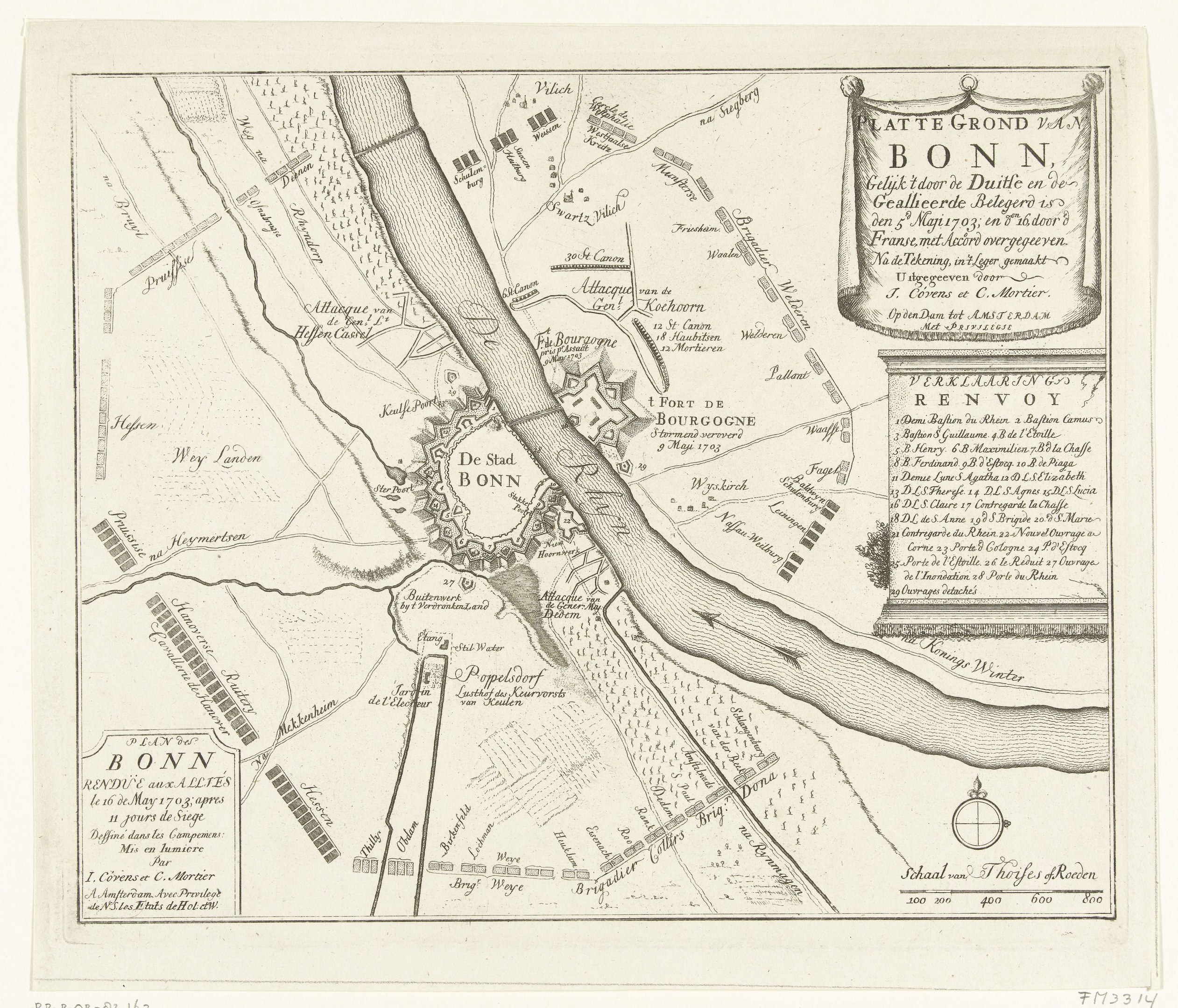 Alte detaillierte Karte von Bonn, Frankreich, zeigt Straßen, Gebäude und Sehenswürdigkeiten mit begleitendem Text.