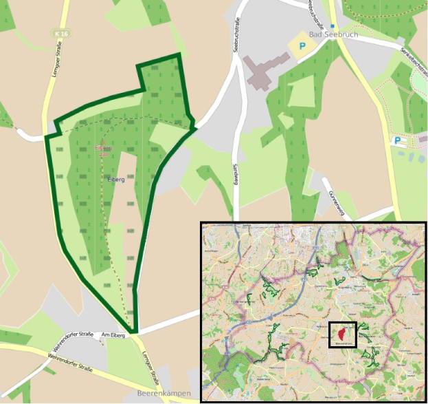 Eine detaillierte Stadtkarte mit einem zentralen grünen Bereich, der als geplanter Baustandort markiert ist, umgeben von Straßen, Gebäuden und Sehenswürdigkeiten.