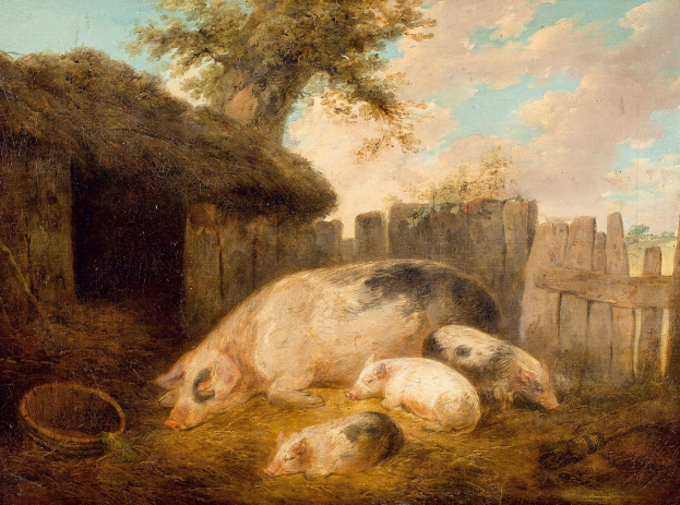 Gemälde mit dem Titel "Schweine und Ferkel auf einem eingezäunten Bauernhof" von William Hogarth, das drei Schweine in einem Holzverschlag mit einem Baum und einem bewölkten Himmel zeigt.