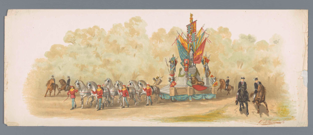 Ein Bild eines Karnevalsumzugs mit Menschen in bunten Kostümen, die auf Pferden vor einem geschmückten Wagen reiten, vor einem Hintergrund mit Bäumen und einem klaren blauen Himmel.