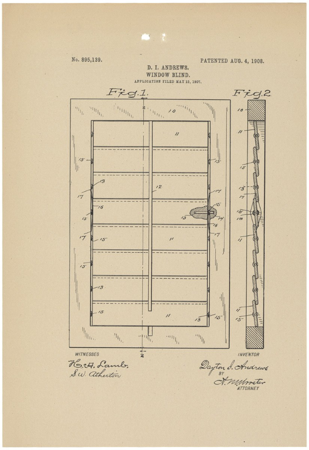 Patentzeichnung einer Tür mit Griff und Jalousie auf einem textgefüllten Papier.