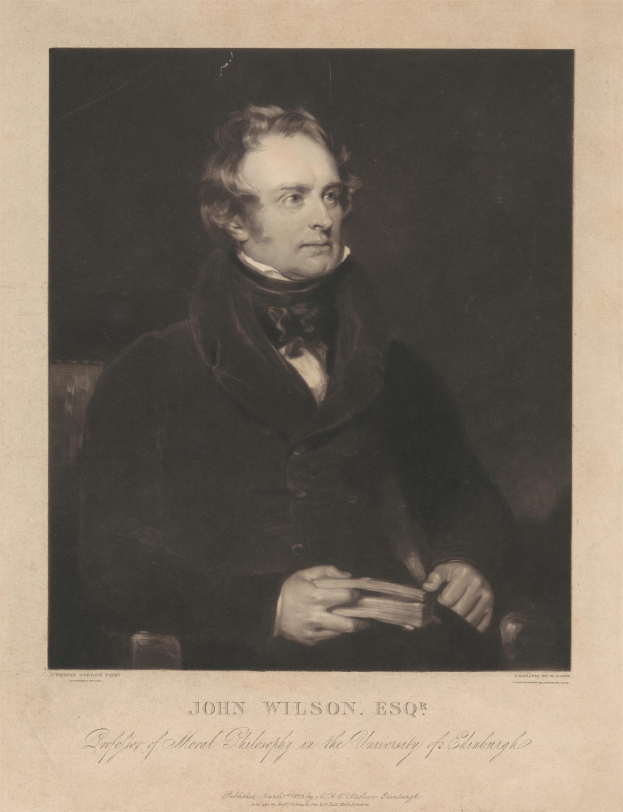 Porträt von John Wilson Esqr., dem Begründer der moralischen Philosophie an der Universität Edinburgh, sitzend in einem Stuhl und ein Buch haltend, mit Text unten.