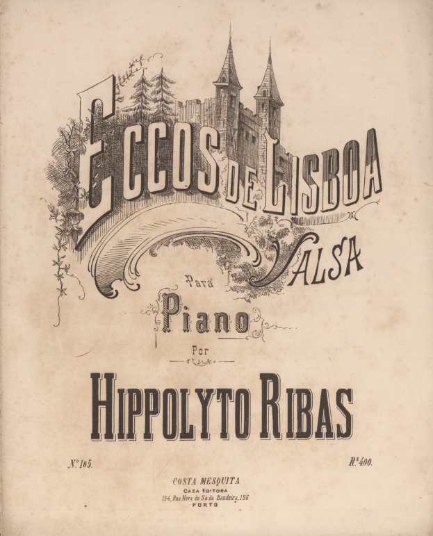 Ein altes Buch mit einem Einband, der ein von Bäumen umgebenes Schloss und Text auf dem Papier zeigt.