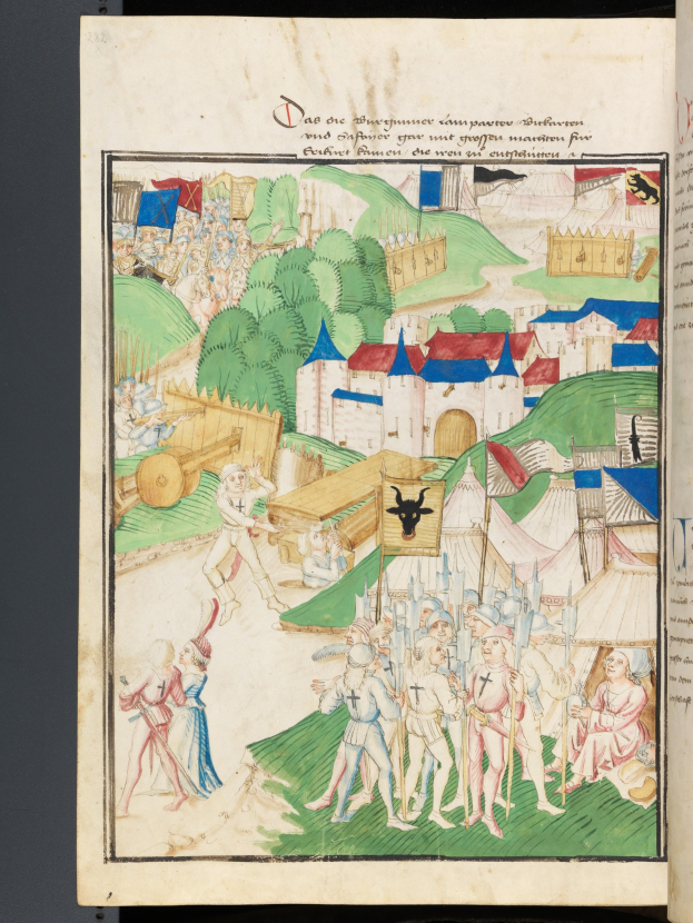 Offenes Buch mit mittelalterlicher Schlachtenszene-Malerei, einschließlich Menschen, Häusern, Bäumen, Gras und anderen Gegenständen, begleitet von Text.