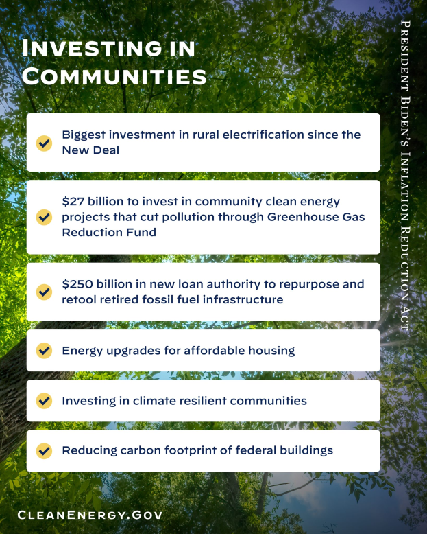 Ein Plakat mit Bäumen und Himmel im Hintergrund und dem Text "Investing in Communities: Biggest Investment in Rural Electricity Since the New Deal".