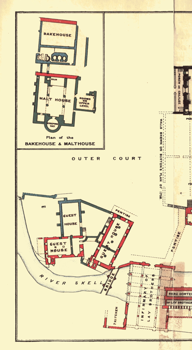 Ein altes Gebäude mit mehreren Räumen und einem Haus, mit Text, der das Layout beschreibt.