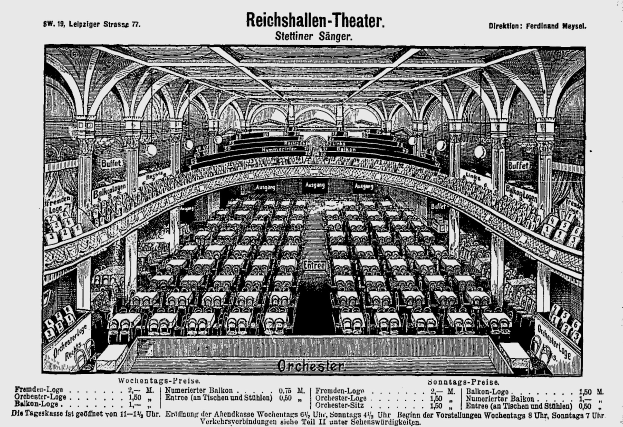 Schwarzes und weißes architektonisches Zeichnung des Reichshallen-Theaters in Berlin, das Sitzreihen, Säulen und Decken Details zeigt.