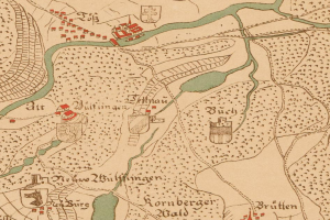 Eine detaillierte alte Karte von Berlin, Deutschland, die die Schlacht am Rhein illustriert, mit beschrifteten Städten, Dörfern und dem Verlauf des Flusses, begleitet von beschreibendem Text.