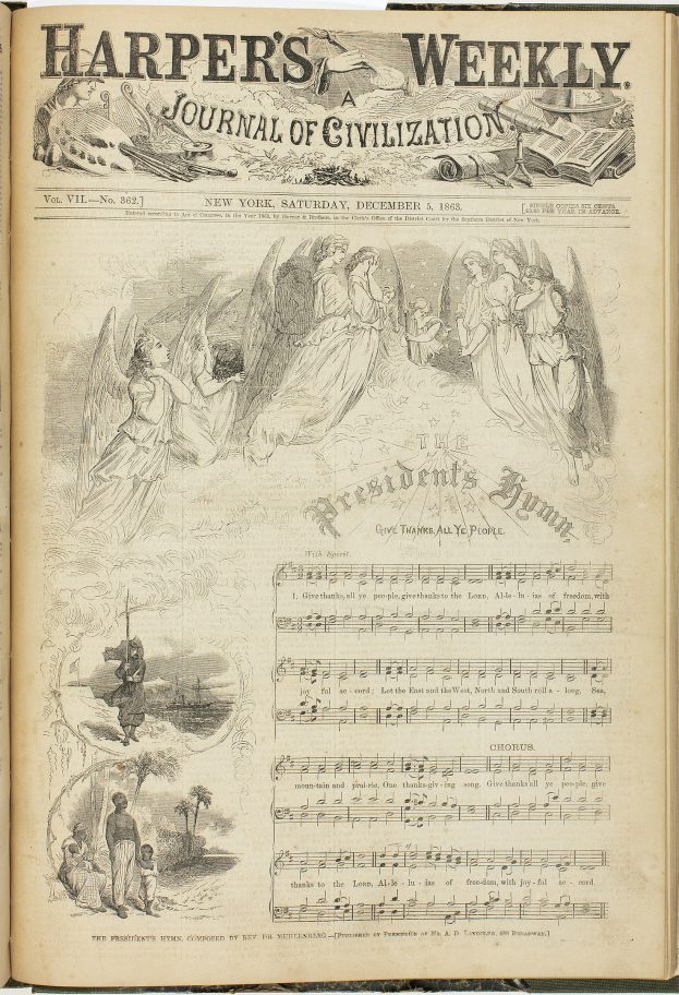 Offenes Buch mit dem Titel "Harper's Weekly Journal of Civilization" mit einer detaillierten Illustration von verschiedenen Menschen und gemischtem Text in verschiedenen Schriften.