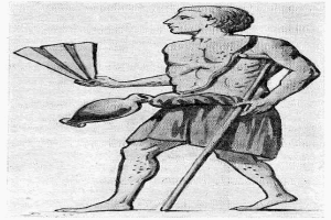 Eine Schwarz-Weiß-Zeichnung eines Mannes, der in einer Hand einen Fächer und in der anderen einen Krug hält, mit der Beschriftung 'Römer' unten.