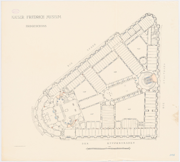Schwarz-weißer architectural floor plan des Kaiser Friedrich Museums in Berlin, Deutschland, mit beschrifteten Räumen und Merkmalen.