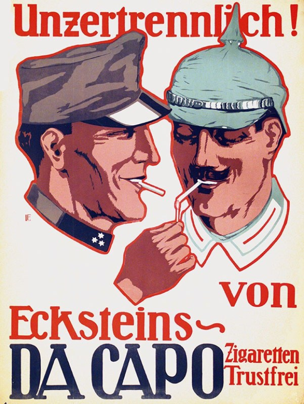 Deutsches Propagandaplakat mit zwei Männern in Mützen und Zigarettenrauch mit Text.