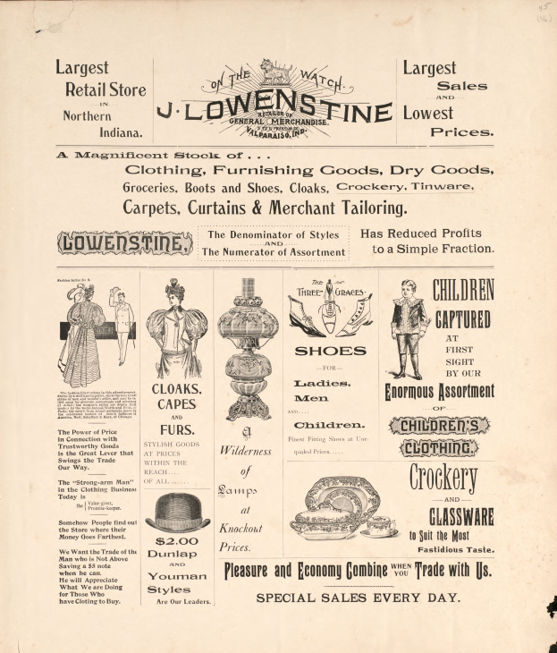 Eine alte Werbung mit Bildern von Menschen, Hüten und verschiedenen Gegenständen sowie einem Text über das Angebot des Ladens.