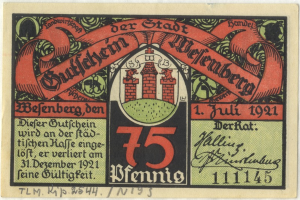 Eine alte deutsche Banknote mit einem Bild eines Gebäudes darauf, mit dem Text "Bundesliga" und einem Logo unten, vor einem weißen Hintergrund.
