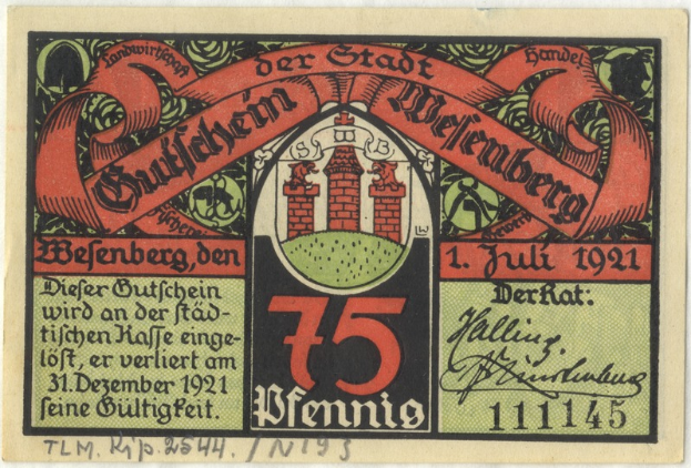 Eine alte deutsche Banknote mit einem Bild eines Gebäudes darauf, mit dem Text "Bundesliga" und einem Logo unten, vor einem weißen Hintergrund.