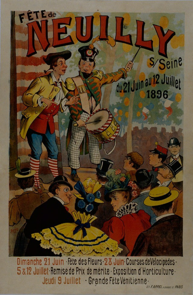 Buntes Plakat wirbt für einen Pariser Karneval, zeigt Menschen in Kostümen und Hüten, einer spielt ein Musikinstrument und Text wirbt für das Ereignis.