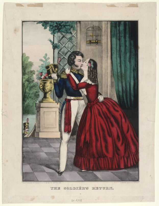 Ein Mann und eine Frau in einem roten Kleid umarmen und küssen sich vor einem Fenster, mit einem Blumenstrauß auf einem Sockel im Vordergrund, Bäumen im Hintergrund und einem Vorhang auf der rechten Seite. Text ist unten im Bild sichtbar.